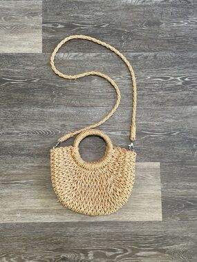 Boho Straw Woven Half Moon Crossbody Bag - Natural Tan Summer Handbag